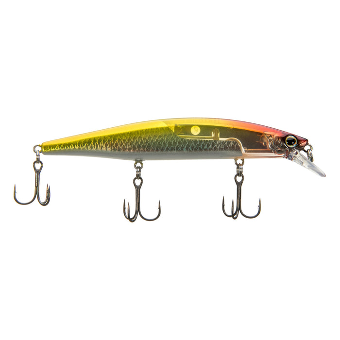 Shimano World Minnow 115SP fishing lure in translucent yellow and orange with three sharp treble hooks designed for effective musky and freshwater fishing.