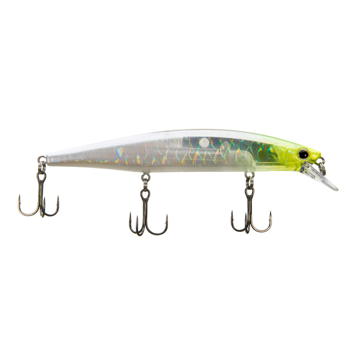 Shimano World Minnow 115SP fishing lure in chartreuse and silver with three treble hooks, designed for effective freshwater fishing and musky tackle applications.