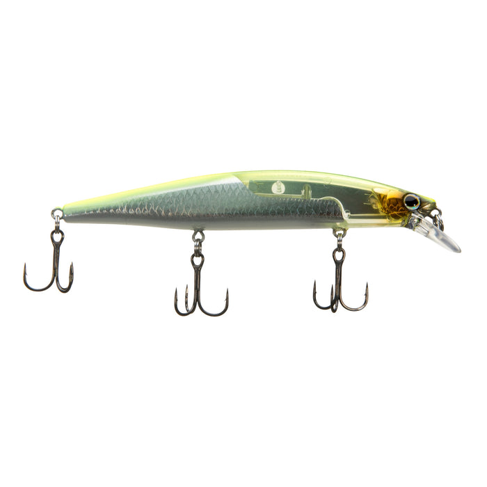 Shimano World Minnow 115SP fishing lure in chartreuse and silver with three sharp treble hooks, designed for musky and freshwater fishing tackle enthusiasts.