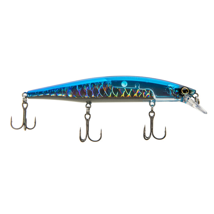 Shimano World Minnow 115SP fishing lure in blue and silver with detailed scale pattern and three treble hooks, designed for effective fishing tackle use.