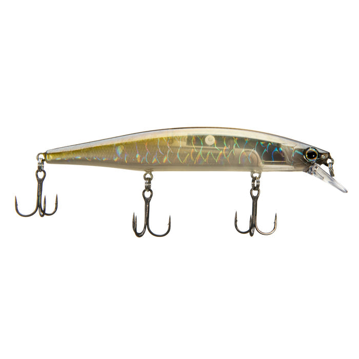 Shimano World Minnow 115SP fishing lure with a sleek, translucent body featuring a holographic scale pattern and three treble hooks for effective fishing tackle use.