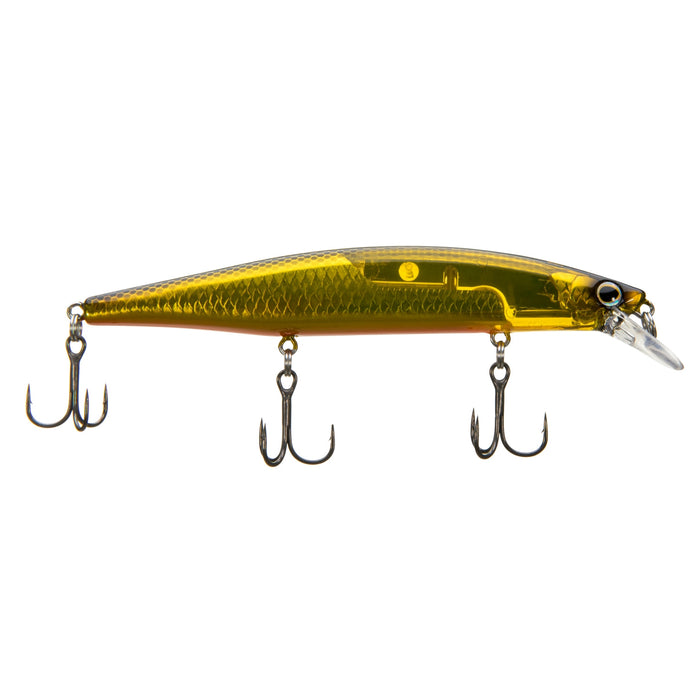 Shimano World Minnow 115SP fishing lure in translucent yellow and gold with realistic scale pattern and three sharp treble hooks for effective fishing tackle.