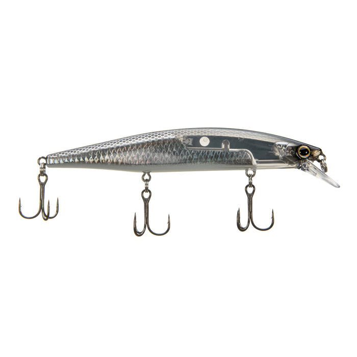 Shimano World Minnow 115SP fishing lure in a black and silver finish with three treble hooks designed for effective musky and freshwater fishing tackle.