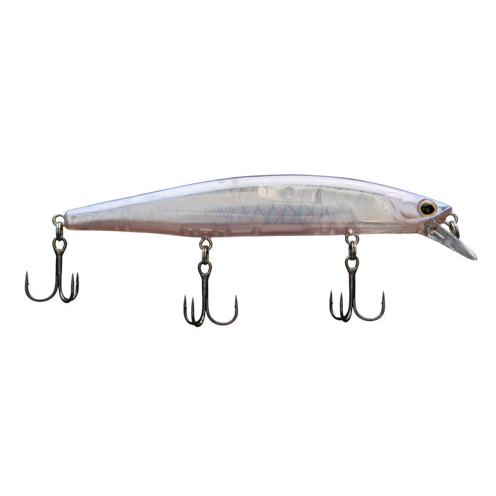Shimano World Minnow 115SP fishing lure in a translucent pink smelt color, featuring a streamlined body and three treble hooks for effective fishing tackle use.