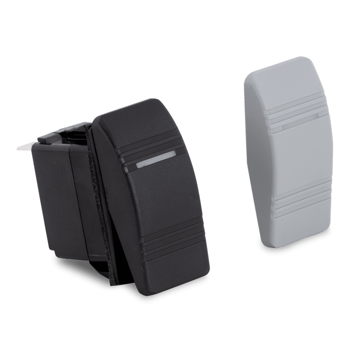 Sierra Contura III Illuminated Weather Resistant Rocker Switch RK19700TP shown in black and gray, featuring a rectangular shape with horizontal grip lines, designed for durability in outdoor and marine electronics applications.