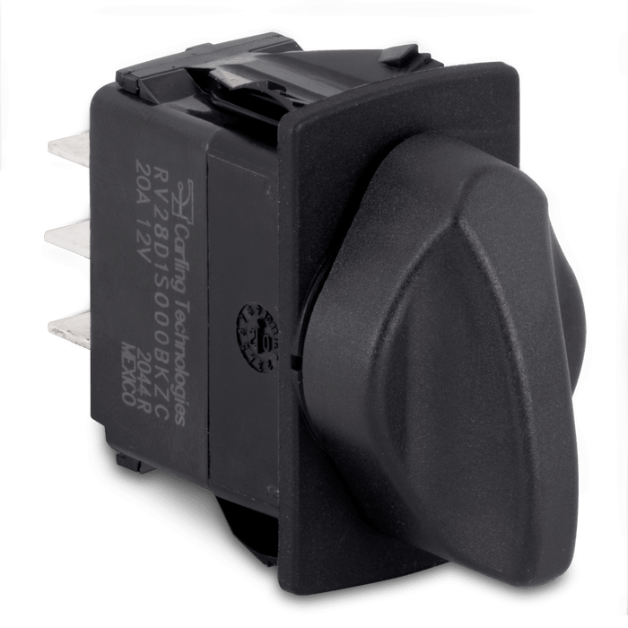 Close-up of a black rotary switch with a large ergonomic knob and three metal prongs, designed for control panels, labeled Sierra Contura Rotary Switch RS20010.