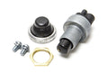 Sierra Push Button Switch UN42000 featuring a cylindrical metal body with threaded mounting, black push button cap, a matching black cover ring, two screws, and a hexagonal brass nut for secure installation.