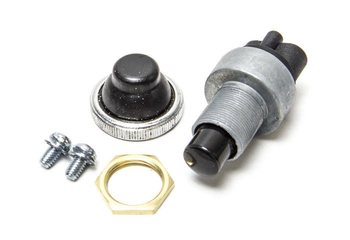 Sierra Push Button Switch UN42000 featuring a cylindrical metal body with threaded mounting, black push button cap, a matching black cover ring, two screws, and a hexagonal brass nut for secure installation.