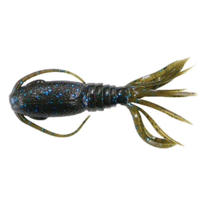 Signal Mamba Slim fishing lure designed to imitate a small creature with a dark green body and blue specks, featuring multiple flexible appendages for realistic movement in water.