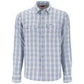 Simms Big Sky LS Shirt - Men's featuring a light blue and white plaid pattern, long sleeves with buttoned cuffs, two chest pockets, and a classic collar, designed for outdoor fishing.