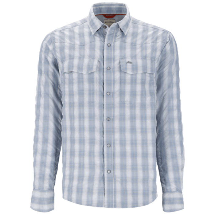 Simms Big Sky LS Shirt - Men's featuring a light blue and white plaid pattern, long sleeves with buttoned cuffs, two chest pockets, and a classic collar, designed for outdoor fishing.
