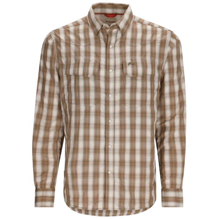 Simms Big Sky LS Shirt - Men's, long-sleeve button-up with brown and white plaid pattern, two chest pockets, and collar, designed for outdoor fishing activities.