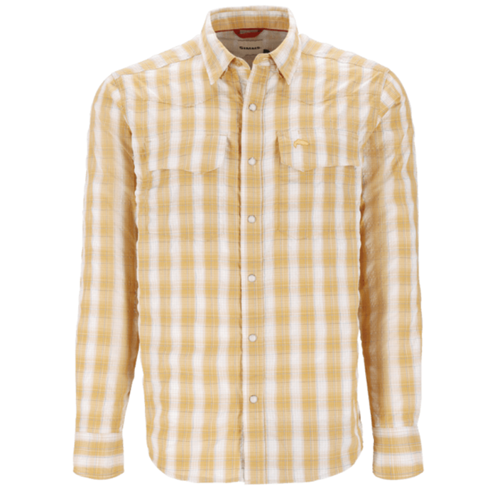 Simms Big Sky LS Shirt - Men's features a long-sleeve, button-up design with a yellow and white plaid pattern, two front chest pockets, and a classic collar, ideal for outdoor fishing activities.