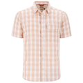 Simms Big Sky SS Shirt - Men's, a short-sleeve button-up shirt featuring a light orange and white plaid pattern, designed with a chest pocket and breathable fabric ideal for fishing and outdoor activities.