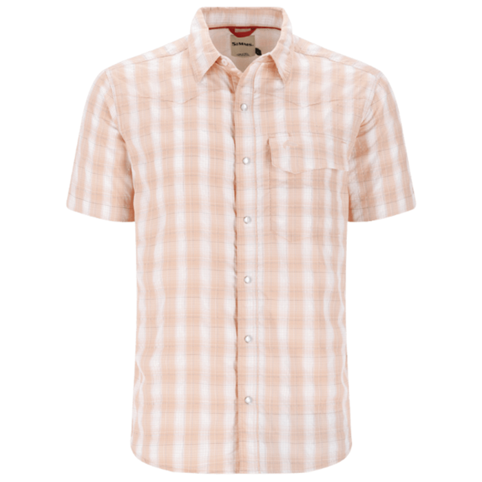 Simms Big Sky SS Shirt - Men's, a short-sleeve button-up shirt featuring a light orange and white plaid pattern, designed with a chest pocket and breathable fabric ideal for fishing and outdoor activities.