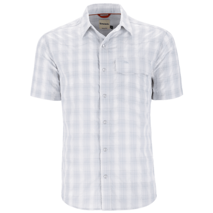 Simms Big Sky SS Shirt - Men's in light gray plaid with short sleeves, button-front closure, collar, and a chest pocket, designed for comfort and outdoor fishing activities.