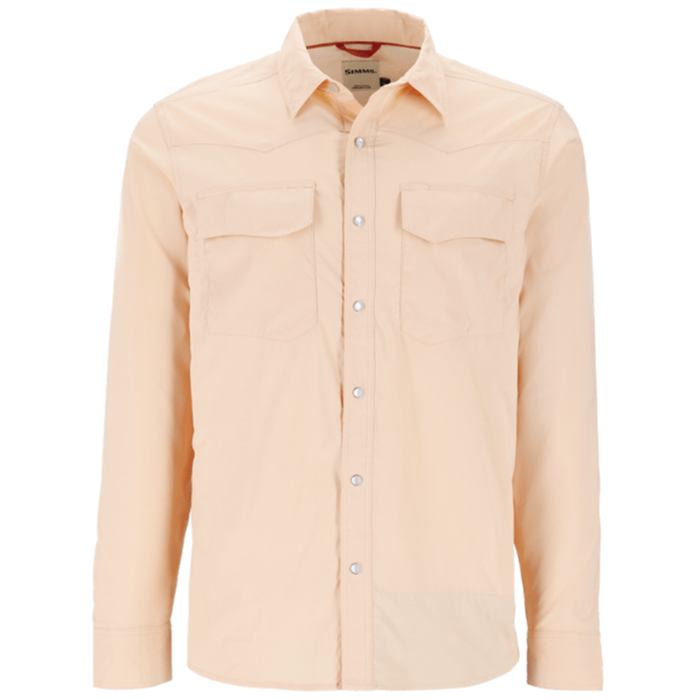 Simms Big Sky Tech LS Shirt - Men's in light peach color featuring long sleeves, button-down front, collar, and two chest pockets, designed for fishing and outdoor activities.