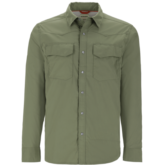 Simms Big Sky Tech LS Shirt - Men's in olive green with long sleeves, button-down front, dual chest pockets with flaps, designed for fishing and outdoor activities.
