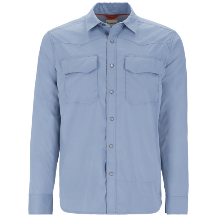 Simms Big Sky Tech LS Shirt - Men's in light blue, long-sleeve with button closures and two chest pockets, designed for fishing and outdoor activities.