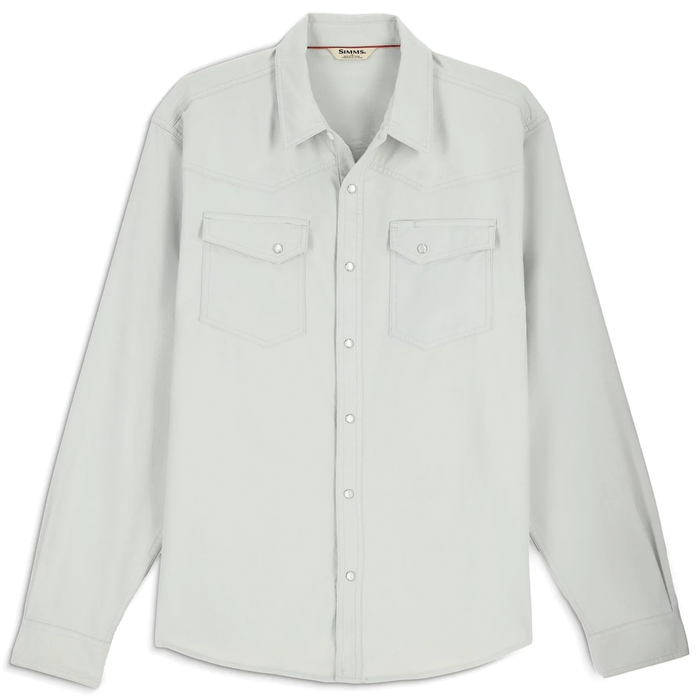 Simms Brackett Flannel - Men's in light gray, long-sleeve button-up shirt with two chest pockets, designed for outdoor activities like fishing and layered comfort.