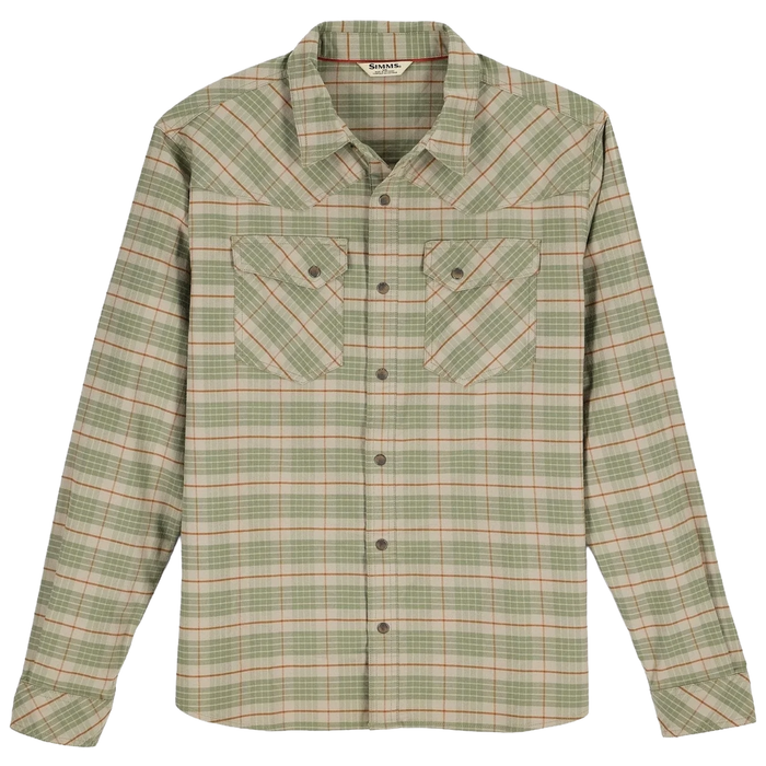 Simms Brackett Flannel - Men's in a green and tan plaid pattern, featuring long sleeves, button front closure, two chest pockets with button flaps, designed for outdoor fishing activities.
