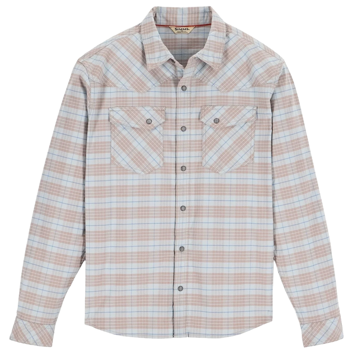 Simms Brackett Flannel - Men's features a long-sleeve button-up design with a light plaid pattern in soft beige and blue tones, made for comfortable outdoor wear.