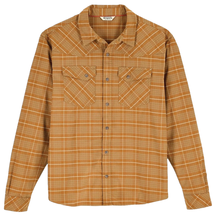 Simms Brackett Flannel - Men's in brown with orange plaid pattern, featuring long sleeves, front button closure, and two chest pockets with button flaps, made for outdoor fishing activities.