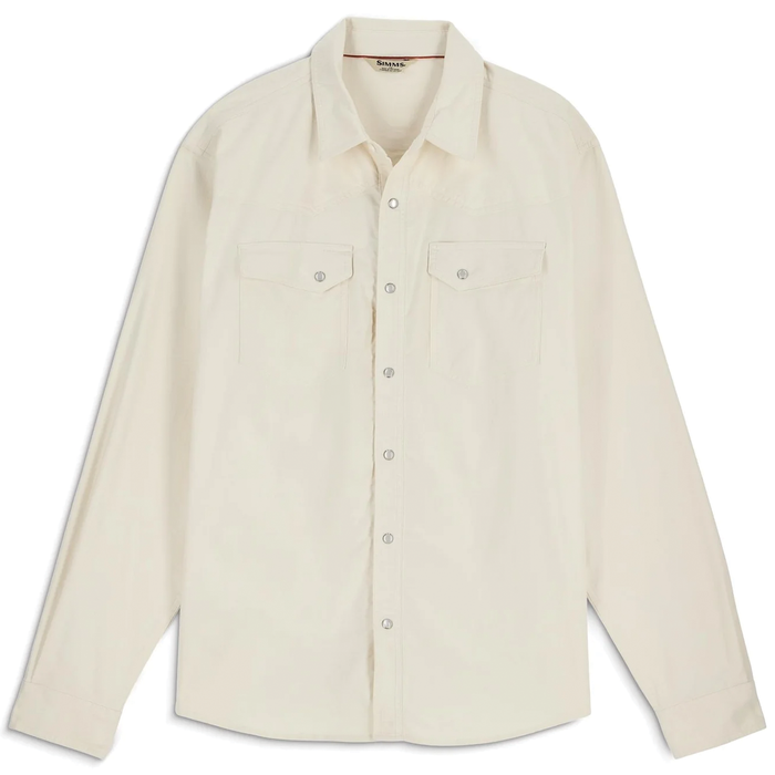 Simms Brackett Flannel - Men's in a light beige color, featuring a button-up front, long sleeves with cuffs, and two chest flap pockets with buttons, designed for outdoor fishing activities.