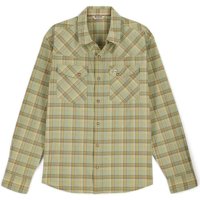 Simms Brackett LS Shirt - Men's features a long-sleeve plaid design in muted green and beige tones, two chest pockets with button closures, suitable for fishing and outdoor activities.