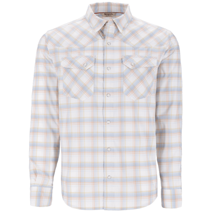 Simms Brackett LS Shirt - Men's in a light blue and beige plaid pattern, long sleeves with button cuffs, button-up front, and two chest pockets with button flaps.