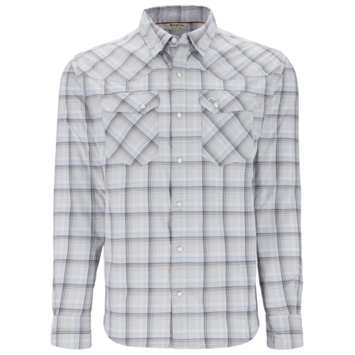Simms Brackett LS Shirt - Men's, long-sleeve button-up shirt with light gray and blue plaid pattern, featuring two chest pockets with button closures and a classic collar.
