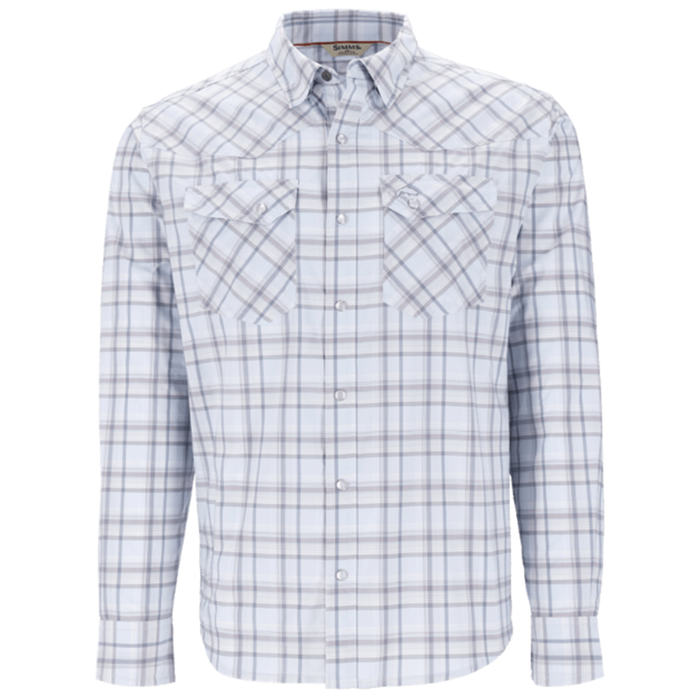 Simms Brackett LS Shirt - Men's textured long-sleeve button-up shirt with a light gray and white plaid pattern, featuring two chest pockets and a classic collar, ideal for fishing and outdoor activities.