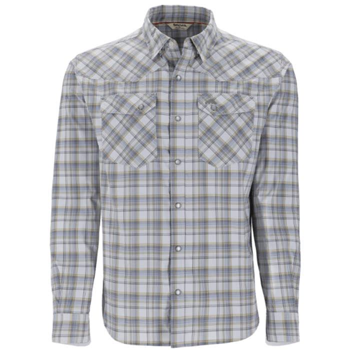 Simms Brackett LS Shirt - Men's, long-sleeve plaid fishing shirt in light gray and beige tones with button-down front and two chest pockets, designed for outdoor fishing activities.