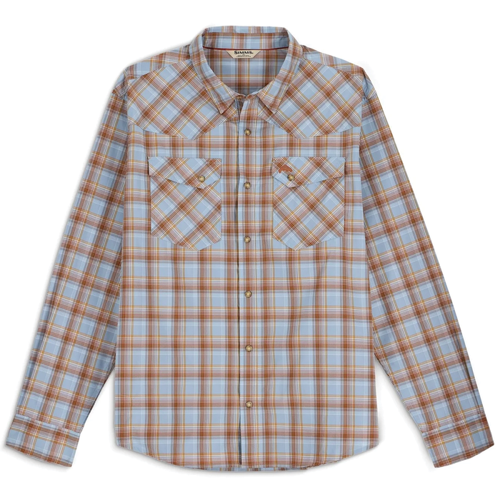 Simms Brackett LS Shirt - Men's featuring a long-sleeve design with blue and brown plaid pattern, button-front closure, and two chest pockets, ideal for outdoor fishing activities.