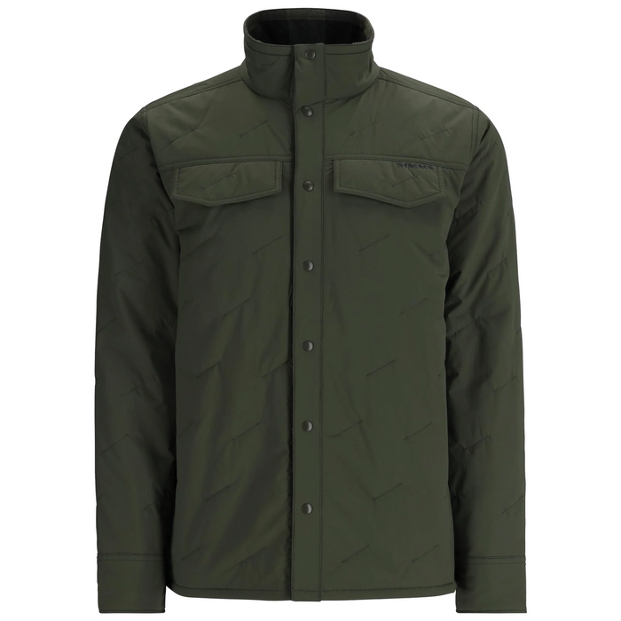 Simms Bristol Reversible Jacket - Men's in dark green, featuring a high collar, snap front closure, two chest flap pockets, and long sleeves designed for outdoor fishing activities.