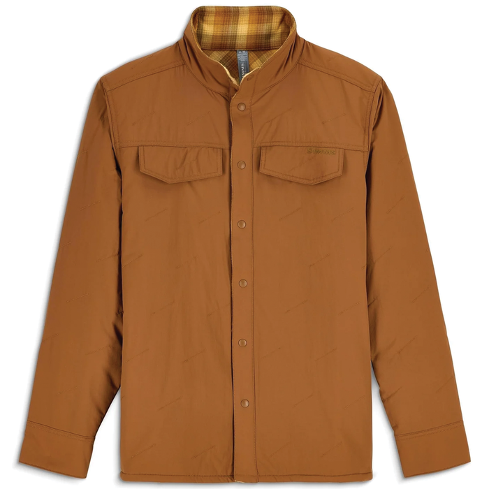 Simms Bristol Reversible Jacket - Men's in brown with button-up front, two chest flap pockets, and a high collar, designed for outdoor fishing activities.