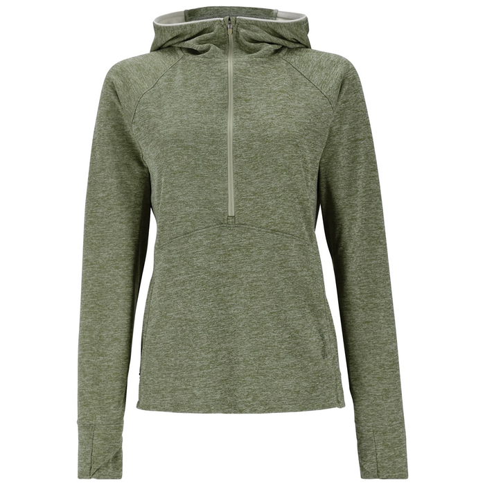 Simms BugStopper Hoody - Women's in olive green, featuring a lightweight, breathable fabric with a front quarter zip and adjustable hood for outdoor fishing and casual wear.