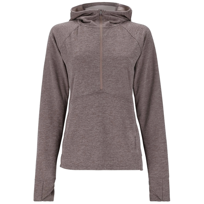 Simms BugStopper Hoody - Women's in muted brown, long sleeve pullover with thumbholes, front half-zip, and hood designed for outdoor fishing comfort and sun protection.