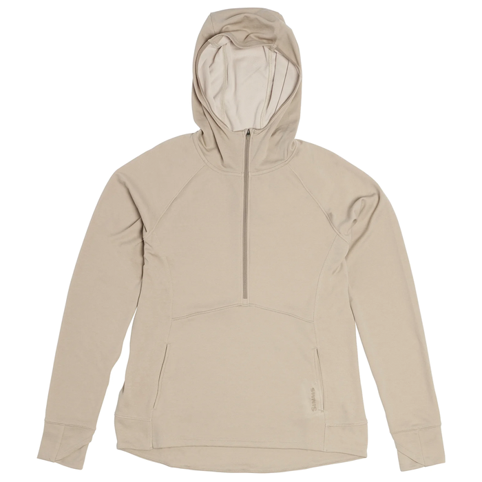 Simms BugStopper Hoody - Women's in light beige, featuring a half-zip front, attached hood, long raglan sleeves, and a front kangaroo pocket, designed for fishing comfort and protection.