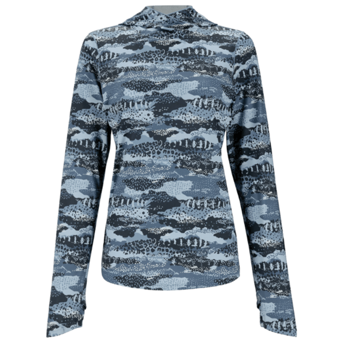 Simms BugStopper SolarFlex Hoody - Women's in a blue and gray camo pattern, featuring long sleeves, hood, and lightweight sun-protective fabric designed for fishing and outdoor activities.