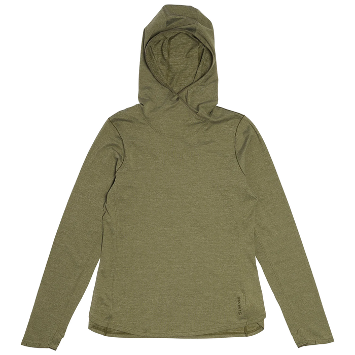Simms BugStopper SolarFlex Hoody - Women's in olive green, featuring long sleeves, a fitted design, hood with adjustable drawcord, and thumb holes for sun protection during fishing activities.