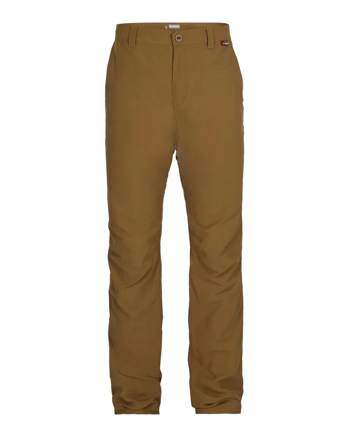 Simms Bugstopper Superlight Pants in brown color, featuring a slim fit with button closure and belt loops, designed for comfort and durability in fishing and outdoor activities.