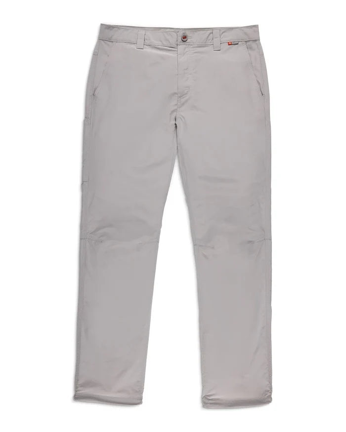 Simms Bugstopper Superlight Pants in light gray, designed with a slim fit, front button closure, belt loops, and side pockets, ideal for fishing and outdoor activities.