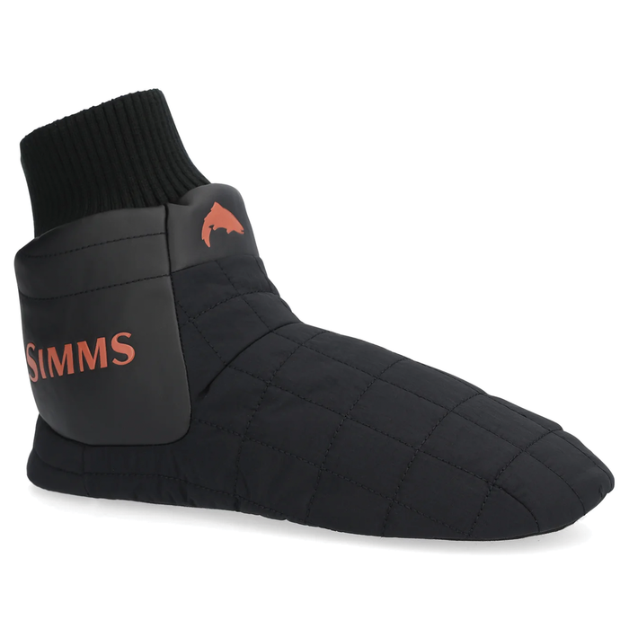 Simms Bulkley Insulated Bootie in black with quilted fabric, padded ankle support featuring Simms logo, and a ribbed knit cuff for warmth and comfort during fishing activities.