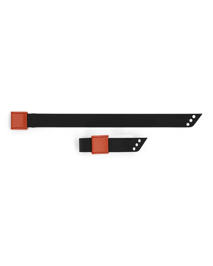 Simms Cam Strap set featuring two black adjustable straps with orange securing clips, designed for organizing fishing rods and tackle gear efficiently.