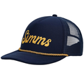 Simms Captain's Cap in navy blue with gold embroidered Simms logo on front, featuring a gold rope detail above the brim and a breathable mesh back panel.