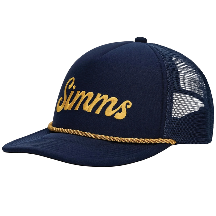 Simms Captain's Cap in navy blue with gold embroidered Simms logo on front, featuring a gold rope detail above the brim and a breathable mesh back panel.