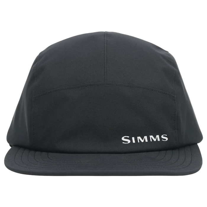 Simms Cascadia Rain Cap in black, featuring a durable, water-resistant fabric with a structured brim and embroidered Simms logo on the front, ideal for fishing tackle enthusiasts.