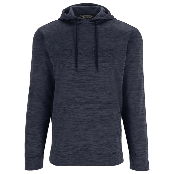 Simms Challenger Hoody - Men's in dark navy fabric with a subtle textured pattern, featuring a front kangaroo pocket, adjustable hood with drawstrings, and a discreet embossed logo on the chest.