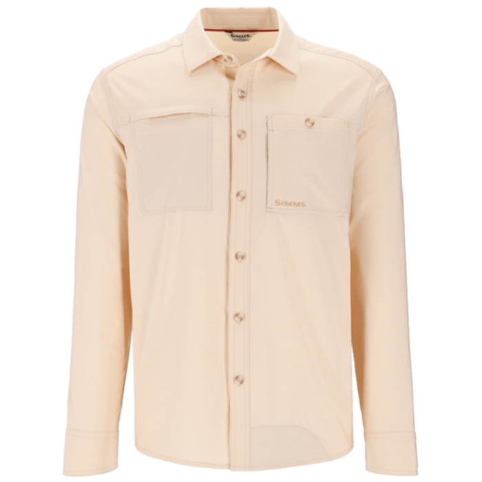 Simms Challenger LS Shirt - Men's in tan color featuring long sleeves, button-up front, two chest pockets, and a comfortable lightweight fabric designed for fishing and outdoor activities.